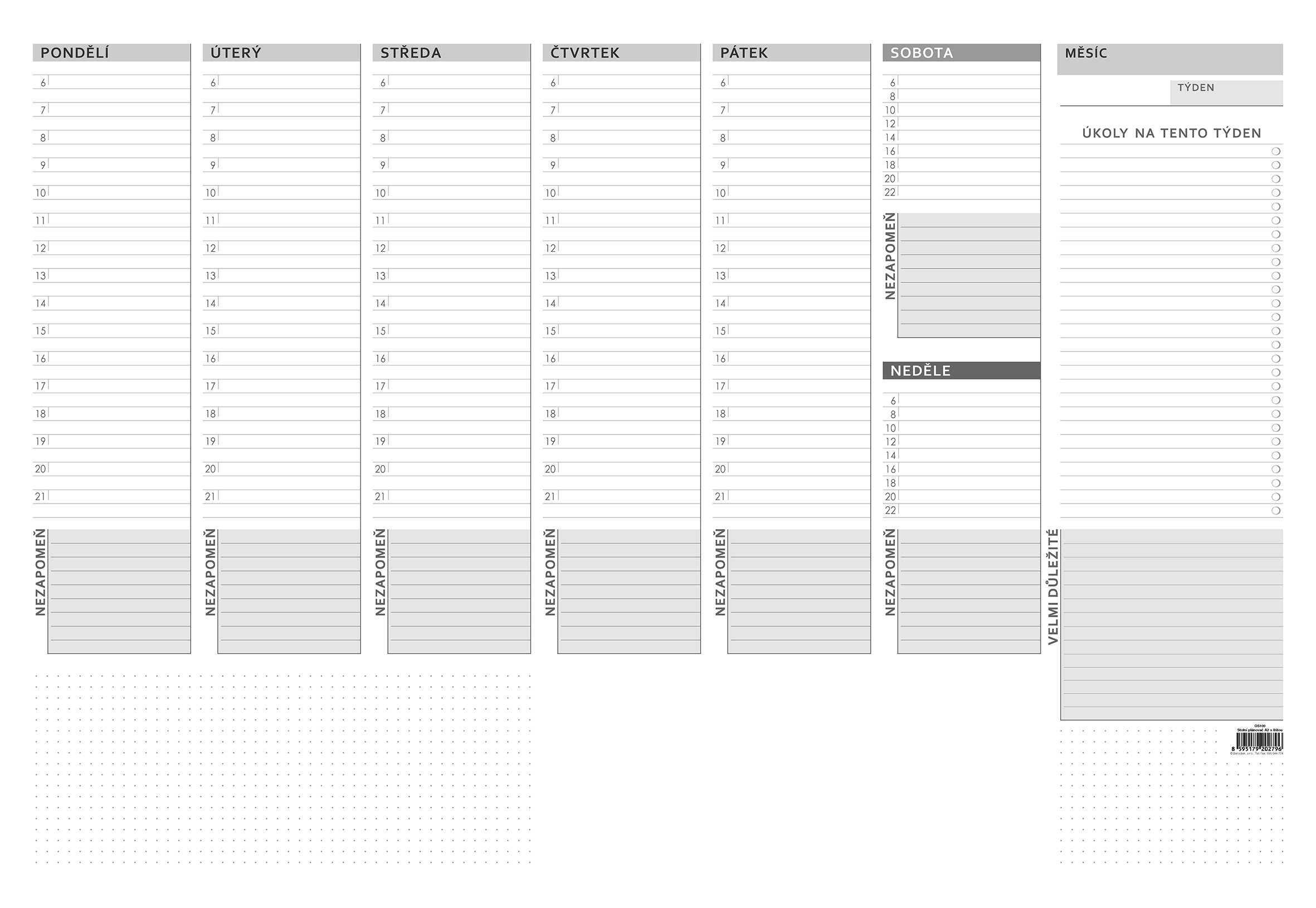 Stolní plánovač A2- týd. mapa s lištou -50 l