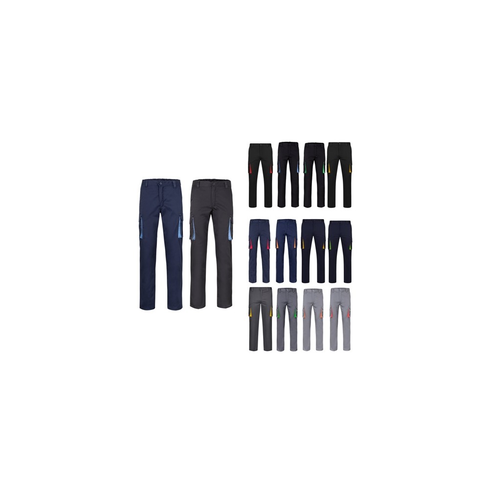 VL FIDES. Dvoubarevné strečové kalhoty s mnoha kapsami (240 g/m²), z bavlny (46 %), EME (38 %) a polyesteru (16 %)