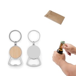 MEEKO. Kovová klíčenka v kulatém tvaru ze zinku a bambusu