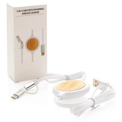 Kabel 3 v 1 s bambusovou bezdrátovou nabíječkou 5W