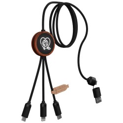 Nabíjecí kabel 3v1 z rPET se svítícím logem a kulatým dřevěným pouzdrem