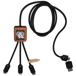 Nabíjecí kabel 3v1 z rPET se svítícím logem a kulatým dřevěným pouzdrem