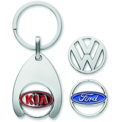 Klíčenka ve tvaru drápu se smaltovanými, tištěnými a tlakově litými žetony.