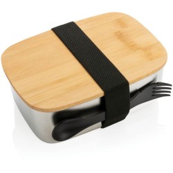 Nerezová krabička na jídlo s bambusovým víkem a příborem