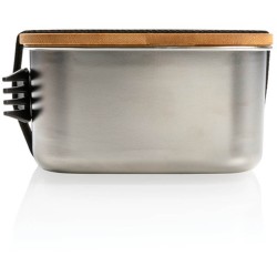 Nerezová krabička na jídlo s bambusovým víkem a příborem