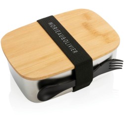 Nerezová krabička na jídlo s bambusovým víkem a příborem