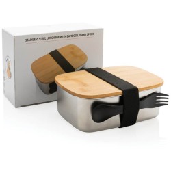 Nerezová krabička na jídlo s bambusovým víkem a příborem