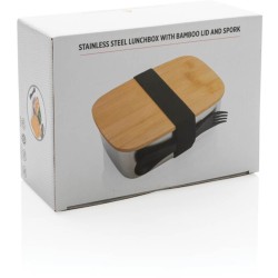 Nerezová krabička na jídlo s bambusovým víkem a příborem