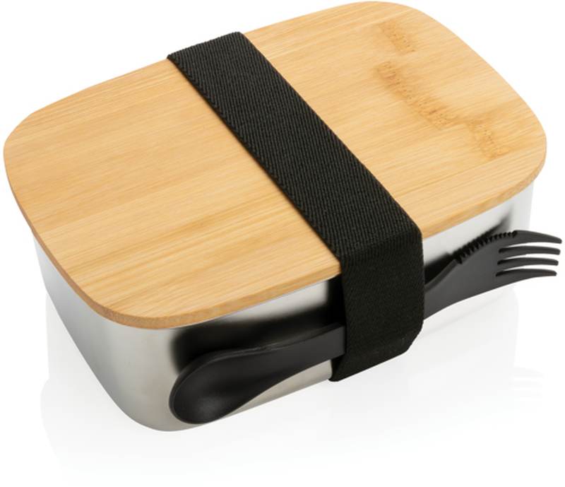 Nerezová krabička na jídlo s bambusovým víkem a příborem