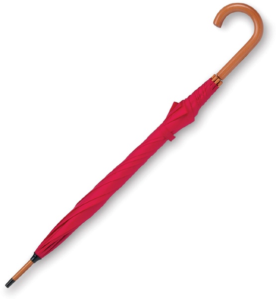 Červený deštník s dřevěnou holí