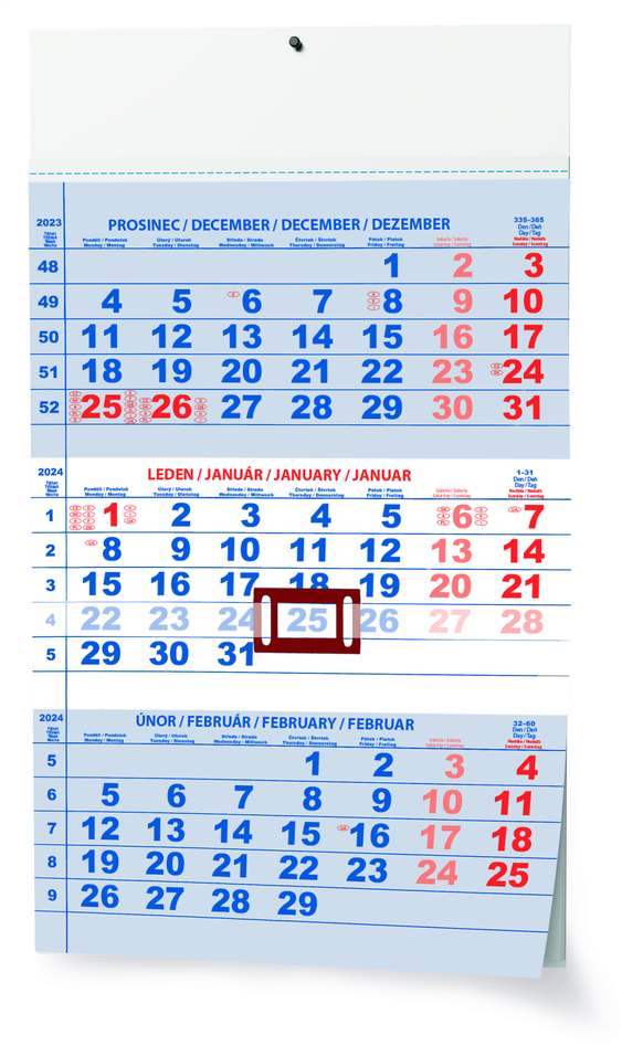 Nástěnný kalendář A3 - Tříměsíční - s mez. svátky - modrý