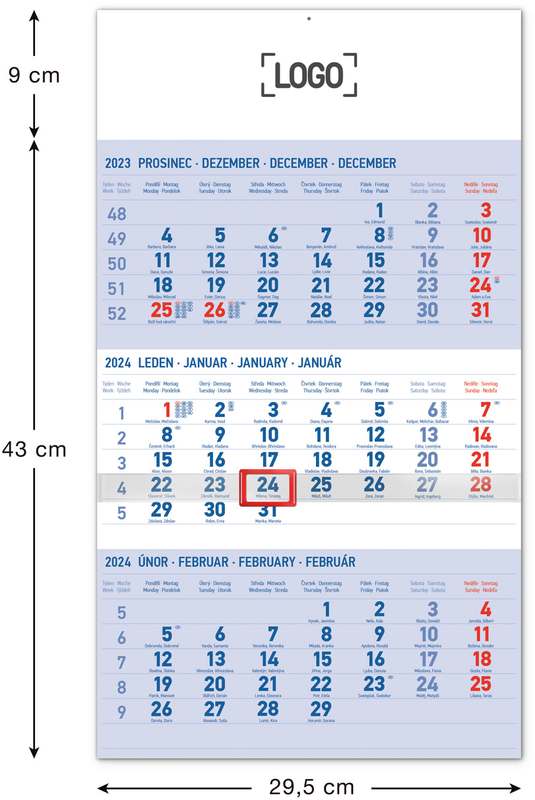 Nástěnný kalendář 3měsíční standard modrý - s českými jmény 2024, 29,5 x 43 cm