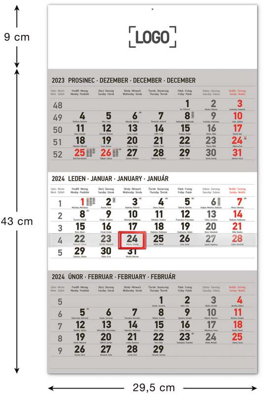 Nástěnný kalendář 3měsíční standard šedý - s českými jmény 2024, 29,5 x 43 cm