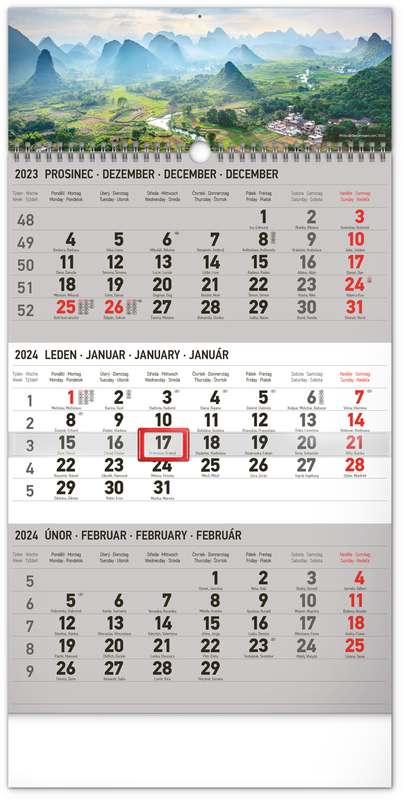 Nástěnný kalendář 3měsíční Krajina šedý - s českými jmény 2024, 29,5 x 43 cm