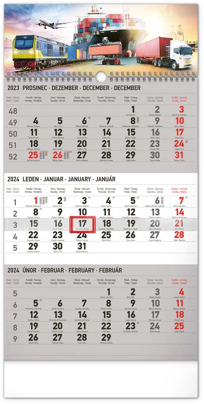 Nástěnný kalendář 3měsíční Spedice šedý - s českými jmény 2024, 29,5 x 43 cm