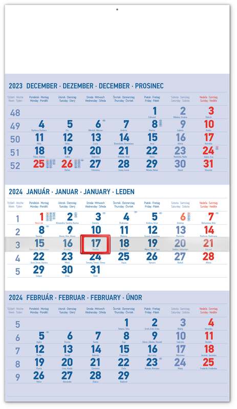Nástenný kalendár 3-mesačný štandard modrý - so slovenskými menami 2024, 29,5 x 43 cm
