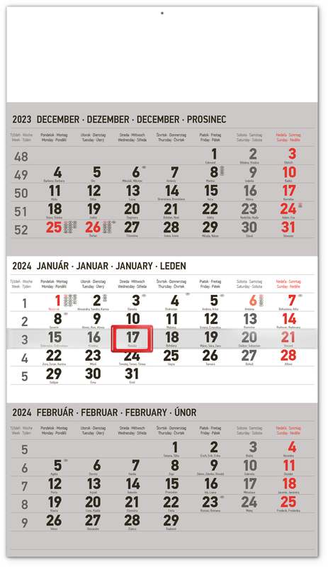 Nástenný kalendár 3-mesačný štandard šedý - so slovenskými menami 2024, 29,5 x 43 cm