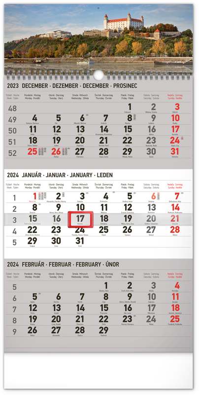 Nástenný kalendár 3-mesačný Bratislava šedý - so slovenskými menami 2024, 29,5 x 43 cm