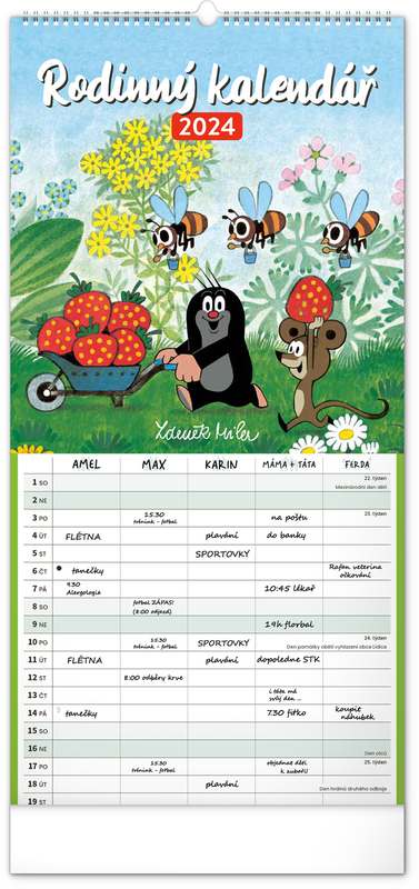 Nástěnný rodinný plánovací kalendář Krteček 2024, 21 x 42 cm
