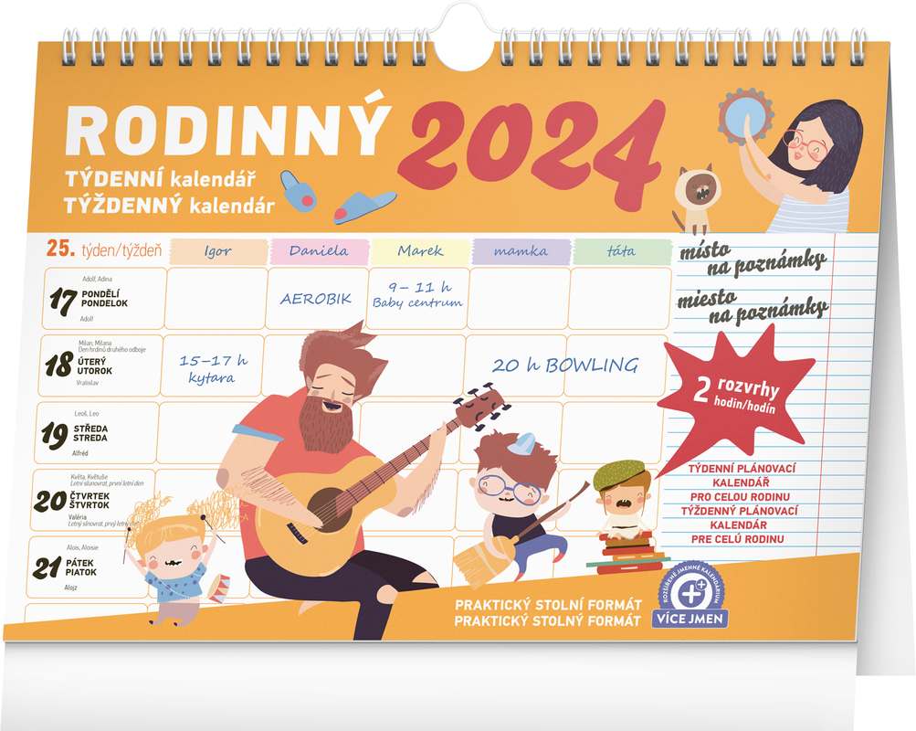 Týdenní rodinný plánovací kalendář s háčkem 2024, 30 x 21 cm